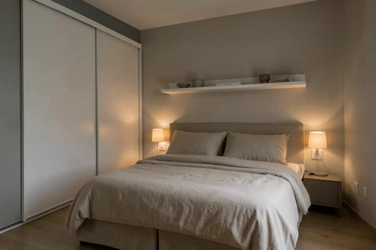 Quarto com cama de casal, guarda-roupa planejado de correr branco e prateleiras acima da cama.